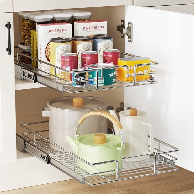 LOVMOR Pull Out Cabinet Organizer 12½" W x 21½" D, Kitchen Cabinet Pull Out Shelves Slide Out Storage