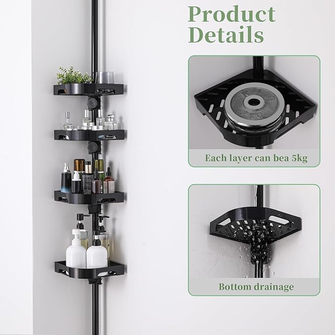 Tension Pole Shower Caddy Organizer with4 Tier L-Shaped Rust Resistant Bathroom Corner Shelves with 34-124 Inch Adjustable No Drilling Quick Install Shower Rack for Bath Essentials (Black)