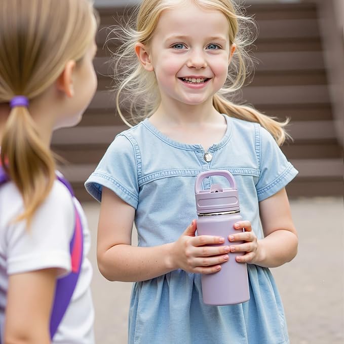 12oz Kids Water Bottle for School, Toddler Bottles with Straws, Stainless Steel Vacuum Insulated Water Bottle for Boys&Girls, Leak-Proof, BPA-Free, Blue Black