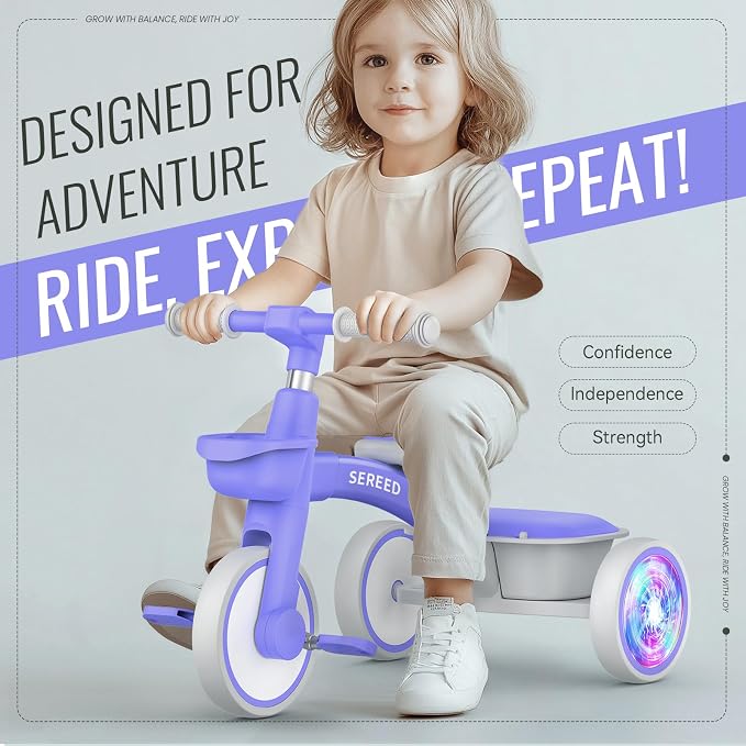 SEREED Colorful Lighting Toddler Tricycle for 2-5 Years Old Boys Girls, Adjustable Seat&Handlebar Trike, Removable Basket, Birthday Gift Idea for Kids Ages 2+ (Purple)