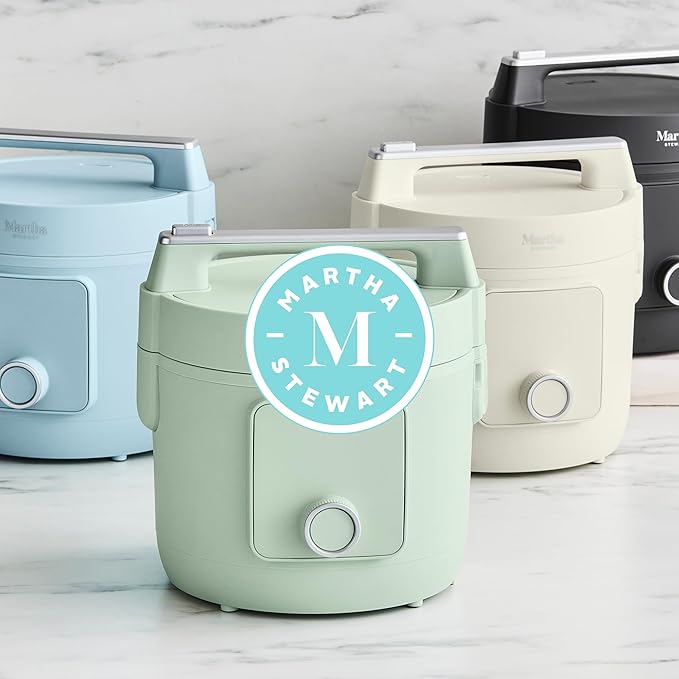 Martha Stewart Rice Cooker, 4 Cup (Uncooked) / 8 Cup (Cooked), Ceramic Non-Stick Removable Pot, Keep Warm, Measure Markings, Steam Basket, Brown & Sushi Rice, Quick Cook, Quinoa, Grains, Oats, Caviar Gray