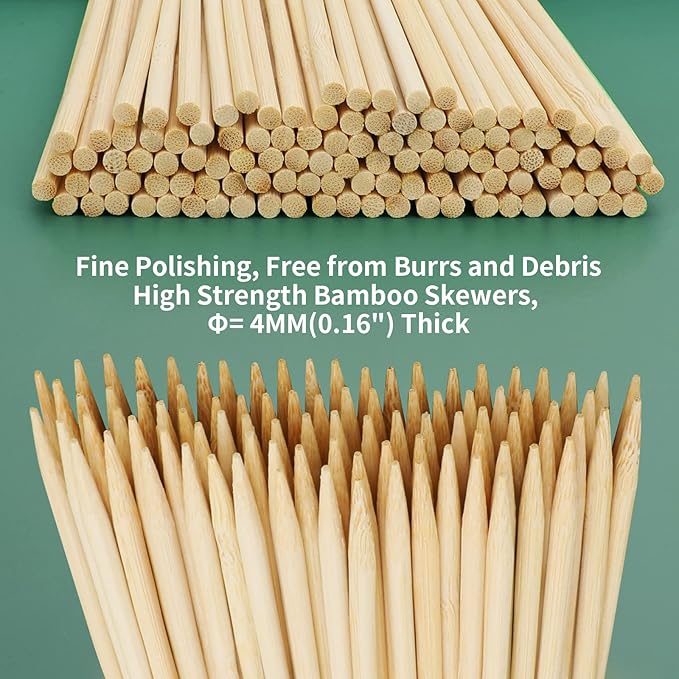 8" Bamboo Wooden Skewers for BBQ, Kebob, Appetizer, Fruit, Sausage, Chocolate Fountain, Natural Wood Barbecue Kabob Skewer Stick, Organic Food Sticks for Grilling, Kitchen (Φ=4mm Thick, 100PCS)