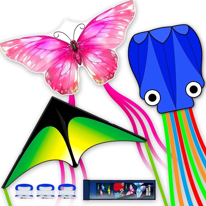 SGftre 3 Piece Set Butterfly Delta and Octopus Kites for Boys and Girls, Beach Kites for Family Outdoor Games & Activities (Gradient Grassland Green+Octopus Blue+Pink Dreamy Butterfly, 3)
