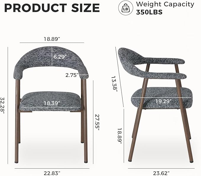 DUMOS Dining Chairs Set of 2, Linen Fabric Upholstered Kitchen Side Chairs with Curved Backrest & Metal Legs, Modern Farmhouse Accent Chairs for Dining Room Kitchen Living Room Cafe, Gray