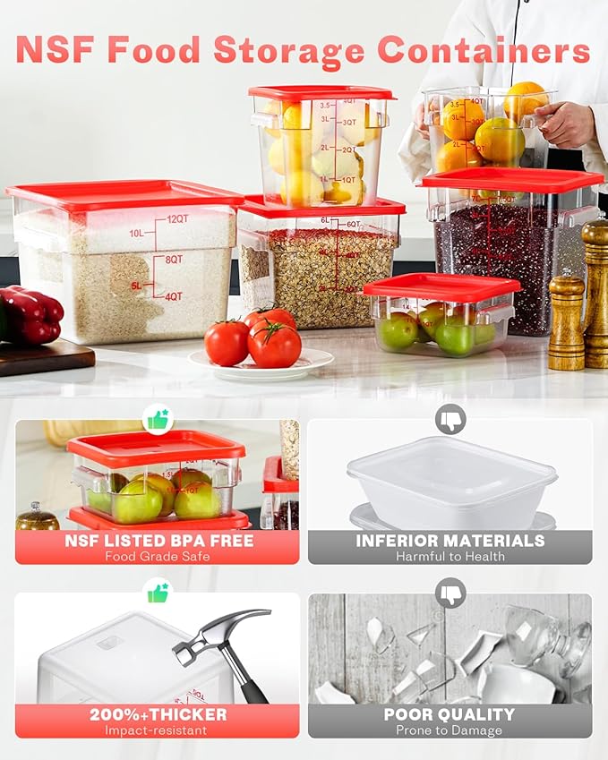 2QT NSF Food Storage Containers: 8 PCS [Food Grade][Hot&Cold Resistant] Commercial Clear Square Food Storage Containers with Scales Handles for Home Restaurant Kitchen Proof Dough(BPA FREE)