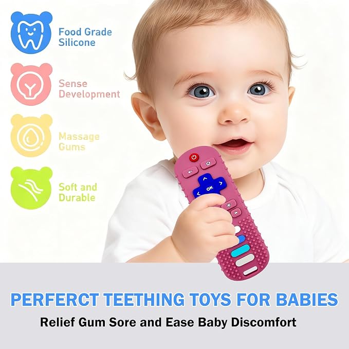 2-Pack Baby Teething Toys-TV Remote Control Shape Silicone Infants Teething Toys for Babies 0-18 Months,BPA-Free (Black+Pink)