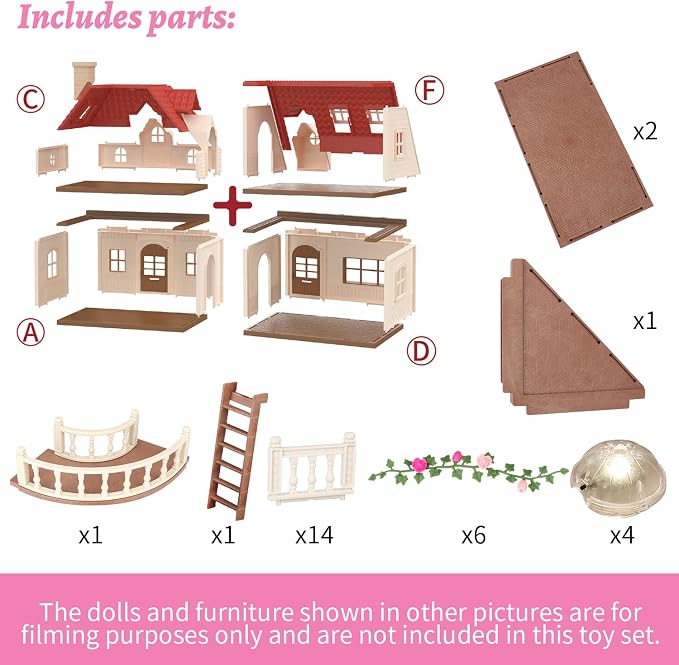 Family Cozy Cabin Doll House Playset, Dollhouse Furniture and Accessories,DIY Cottage Pretend Play Dollhouses, for Toddlers, Boys & Girls