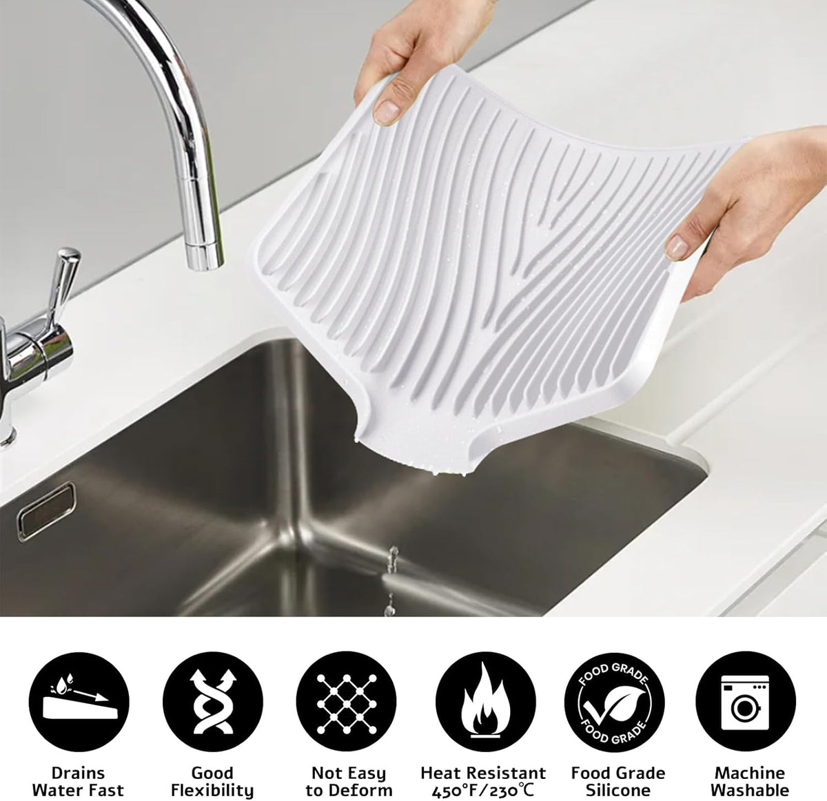 Silicone Dish Drying Mat for Kitchen Counter, Dish Drying Pad, Non-Slip Drain Pad with Built-in Drain, Heat Resistant Stone Drying Mat,Large 1 set XL(Ivory)