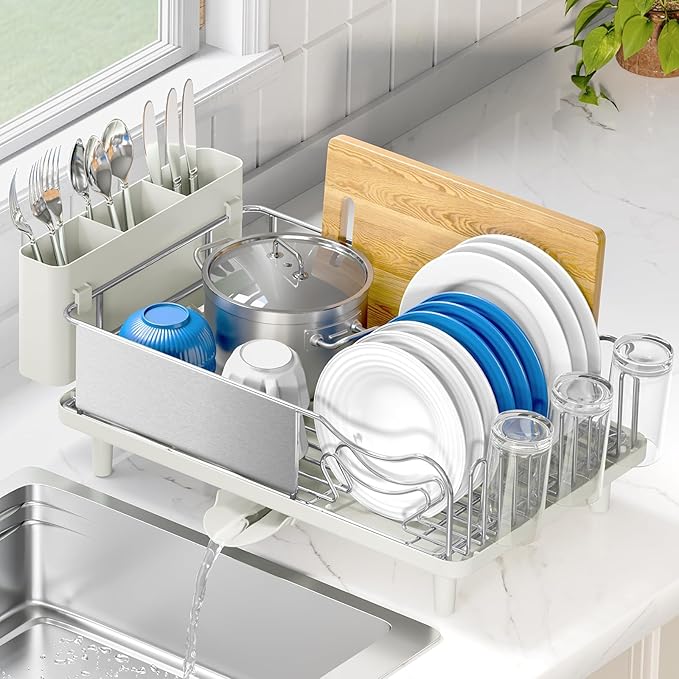 Stainless Steel Dish Drying Rack - Large Capcity 304 Grade Dish Drainer for Kitchen Counter with Drain Board, Utensil Holder & Detachable Cup Shelf, Rustproof Multifunctional Organizer, Light Green