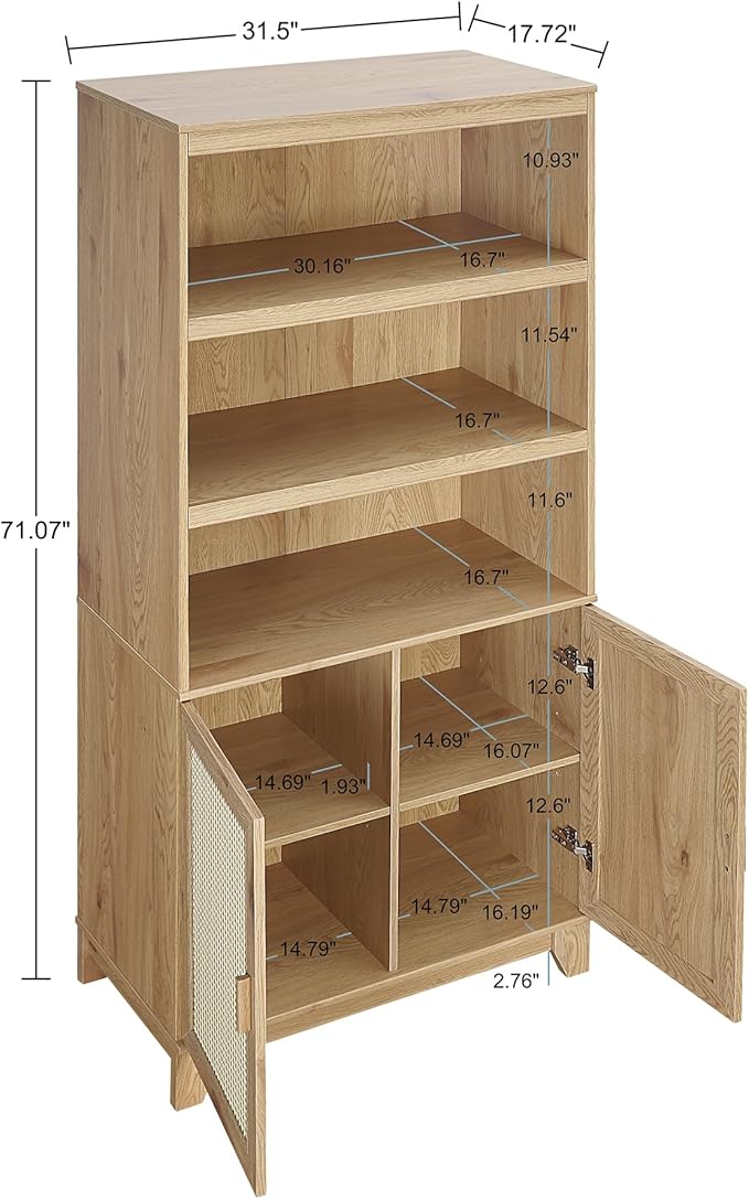 Manhattan Comfort Sheridan Modern Cane Bookcase with Adjustable Open Shelves, Soft Close Doors, and Concealed Compartments, Versatile 3 Tier Bookshelf Storage for Home and Office, Set of 2, Nature