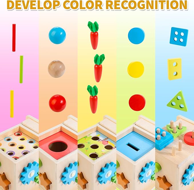 Kizfarm Wooden Montessori Baby Toys, 8-in-1 Wooden Play Kit Includes Object Permanent Box, Coin Box, Carrot Harvest, Shape Sorting & Stacking - Birthday Gift for Boys Girls Toddlers