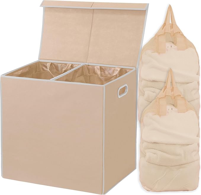 Simple Houseware Double Laundry Hamper with Lid and Removable Laundry Bags, Beige