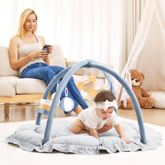 ANGELBLISS 5 in 1 Baby Play Gym Mat, Reversible Tummy Time Mat with 5 Sensory Toys for Stage-Based Developmental, Thick & Large Baby Activity Center from Newborn to Toddler (Dark Blue)