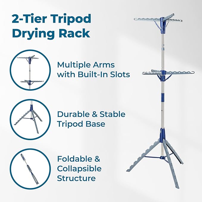 Honey-Can-Do 2-Tier Collapsible Tripod Drying Rack – Space-Saving Foldable Clothes & Laundry Rack, Portable Indoor/Outdoor Stand for Shirts, Towels & Garments