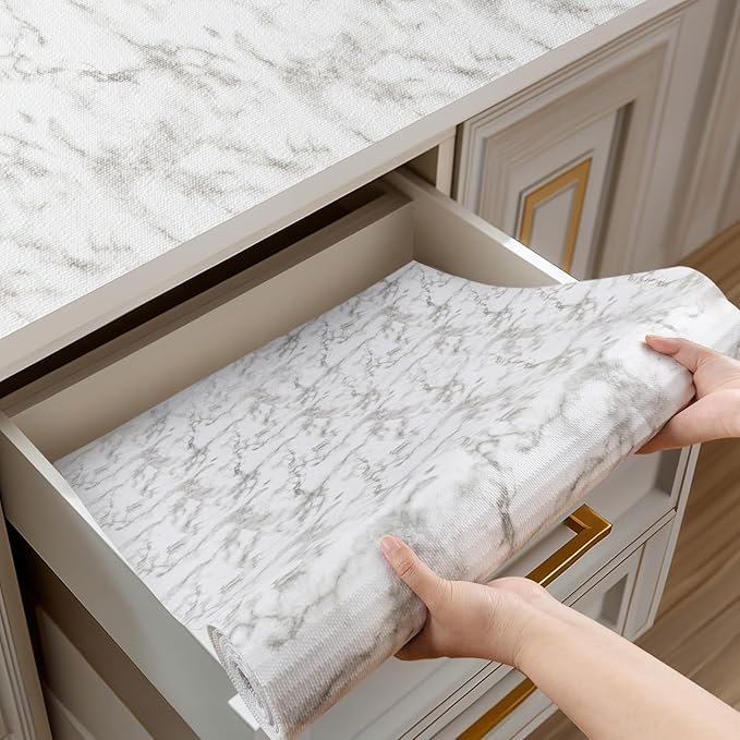 Shelf and Drawer Liner for Kitchen Cabinets Non-Adhesive, Strong Grip Non-Slip Thickened Cabinet Liners for Shelves, Waterproof Mats for Dresser Cupboard, Marble, 17 in x 20 Feet