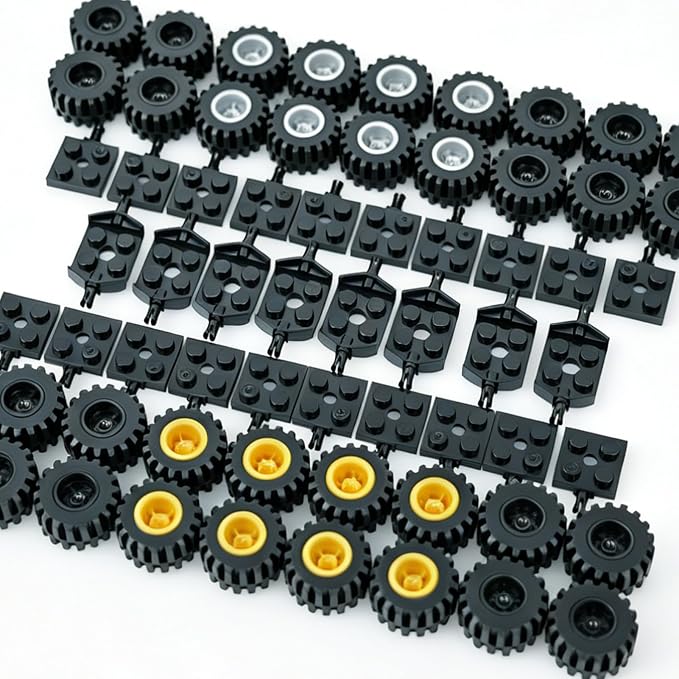 Pamvava Car Wheels and Axles Sets,100 Pieces Car Parts Building Kit with Tires, Vehicle Truck Wheel Compatible with Classic Bricks Toys (Black/Red/Yellow)