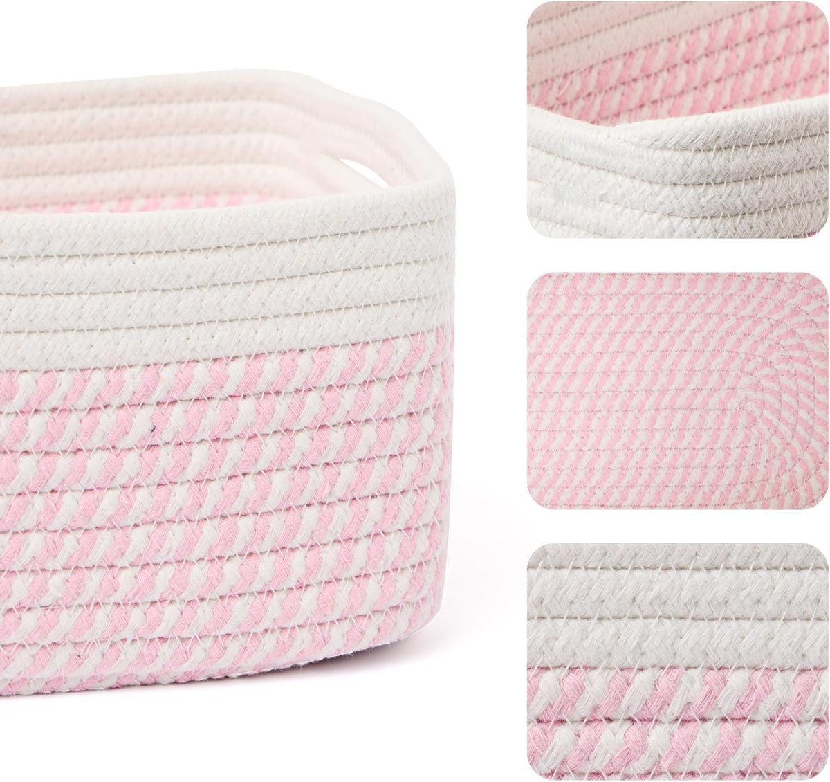 Small Storage Baskets for Organizing | Closet Organizer Bins | Shelf Toy Basket | Woven Rope Baskets | Cube Decorative Box | Shallow Basket | 13x8.5x5.1” | 4 Packs White Pink