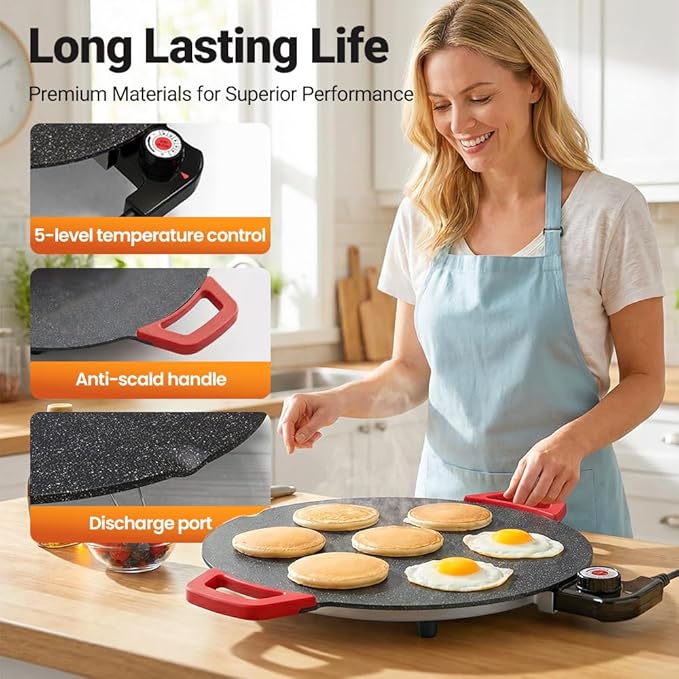 Non-Stick Electric Indoor Grill Pan, 2026 Upgraded Indoor Grills Electric Smokeless, Large Round Electric Griddle, Portable Electric KoreanBbq Grills, for Steaks, Pancakes, BBQ (14 inch)
