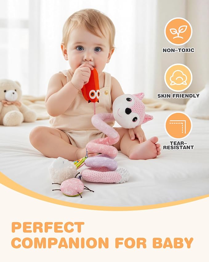 Jollybaby Crib Stroller Car Seat Toys for Baby 0-3-6-9-12 Months, Tummy Time Hanging Sensory Toys for Newborn with Music Box and Teether, Spiral Carseat Toy for Infant Boys Girls Gift (03-Orange Fox)