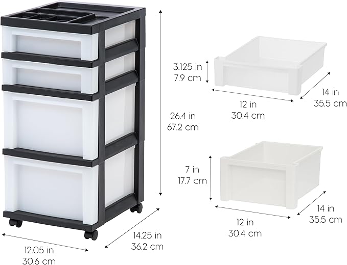IRIS USA Plastic Drawer Storage Organizer Rolling Cart, with Wheels Casters, 4-Drawers, for Classroom Art Craft Supplies Dresser Closet Bathroom Laundry Room, Black/Pearl