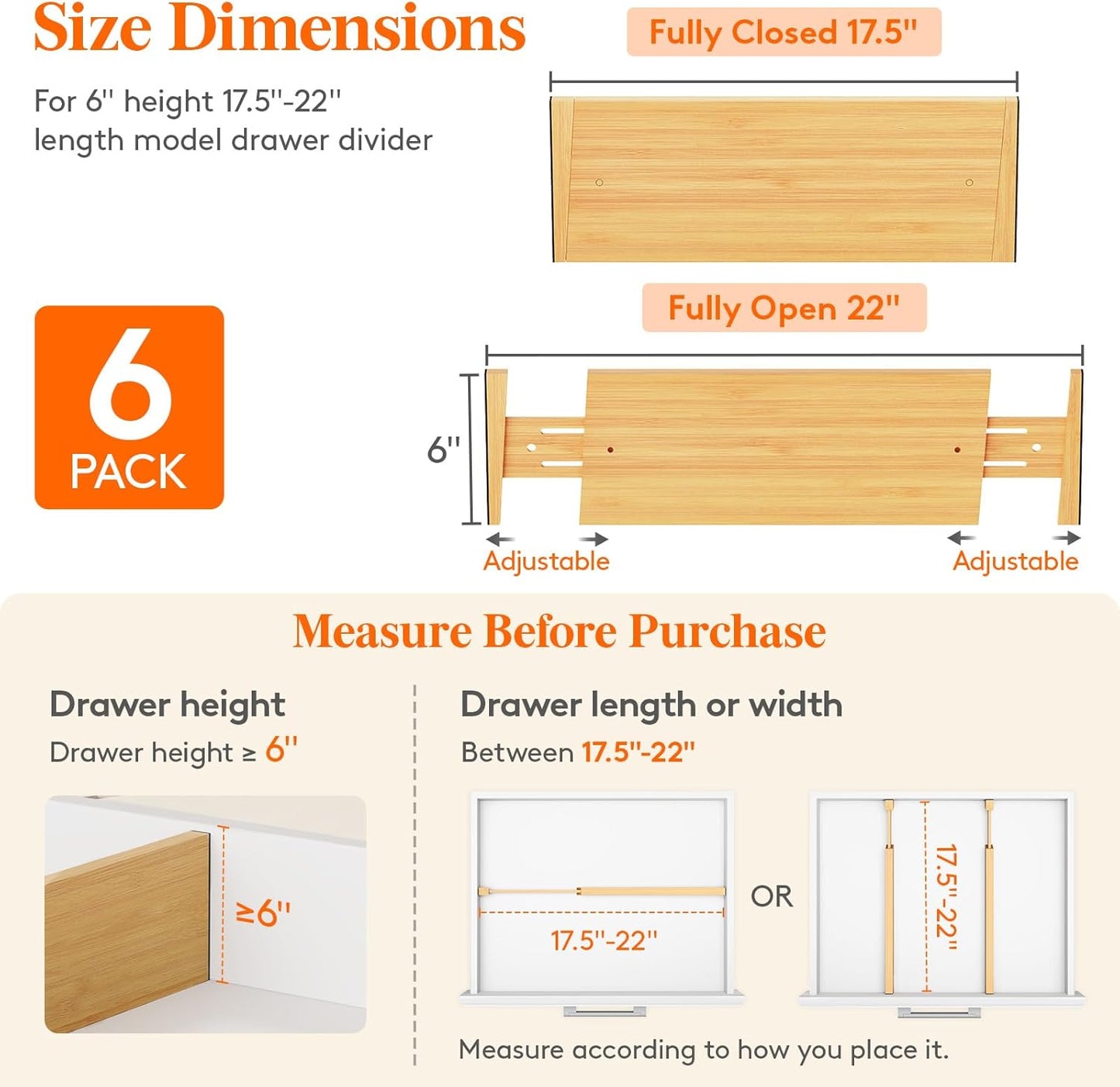 Lifewit 6 Pack 6" Deep Bamboo Drawer Dividers, 17.5-22" Expandable Drawer Organisers for Clothes, Adjustable Dresser Drawer Divider, Clothing Drawers Separators for Dresser, Bedroom, Bathroom, Office