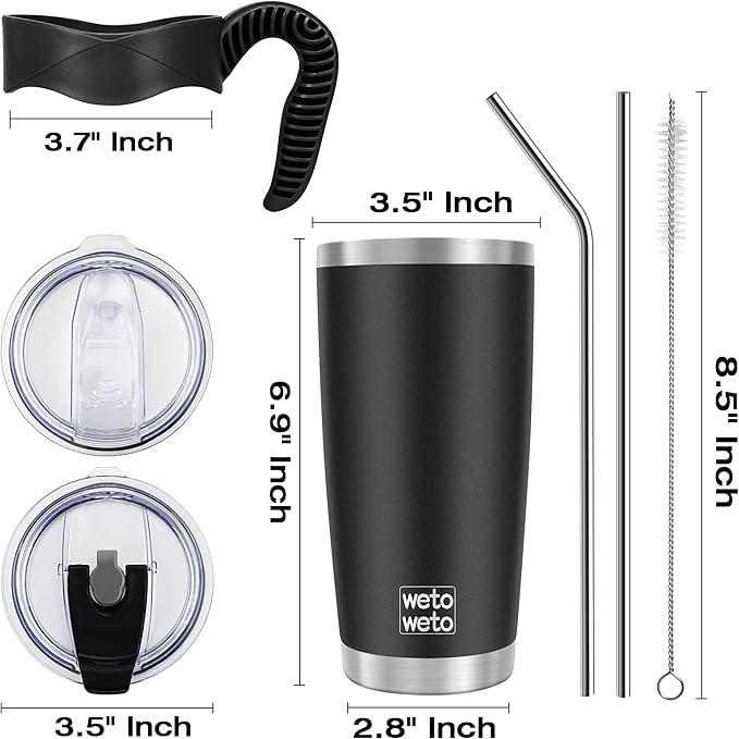 WETOWETO 20oz Tumbler with 2 lids and 2 straws, Stainless Steel Vacuum Insulated Coffee Tumbler Cup, Double Wall Powder Coated Leak-proof Travel Coffee Mug Cup (Black, 1 Pack)