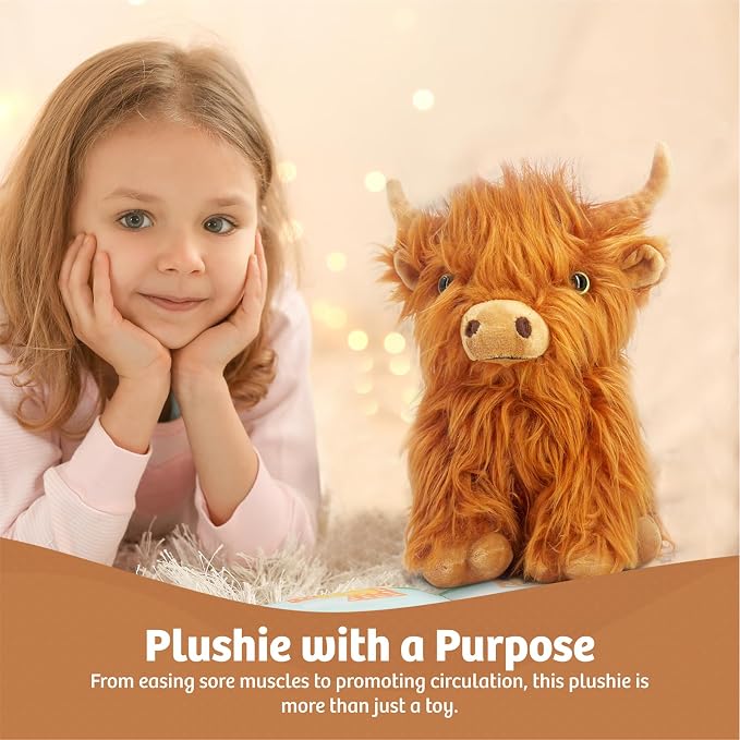 Marysun Microwavable Highland Cow Stuffed Animal Toy - Brown Stuffed Animal Gift for Girls and Kids, 9.8in, 1.65lb