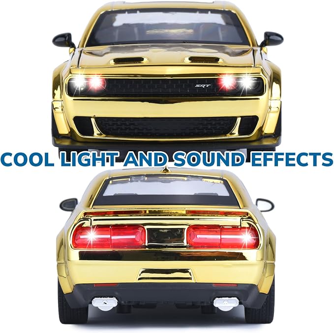 Car Toys for Boys 1/24 Diecast Cars Hellcat SRT Collectibles Model Kit,Pull Back Metal Toy Car with Lights and Sounds,Toy Cars for Boys Age 4-7（Gold）