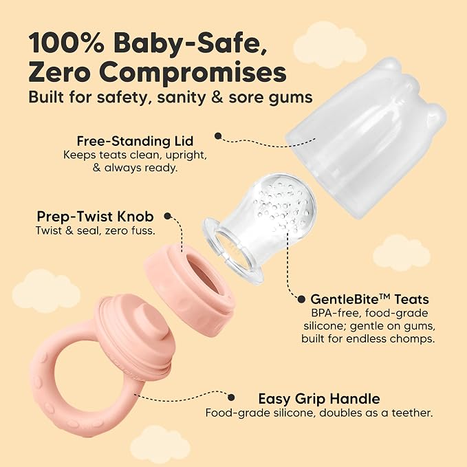 KeaBabies Baby Fruit Feeder 2pk - Silicone Baby Food Feeder for Babies 6-12 Months, Breast Milk Popsicle Teether, Weaning, Pacifier, Freeze Frozen Solid Food, Infant Feeding Essential (Mist Rose)