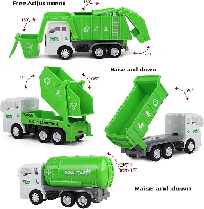 Garbage Truck Toy Vehicles Playset w/Play Mat,Friction Powered Sanitation Truck/Dump Truck/Tipper/Water Tanker,8 Pcs Signposts,6 Pcs Mini Engineer Cars for boy Age 3+ Toddlers kid Birthday Gift,Green