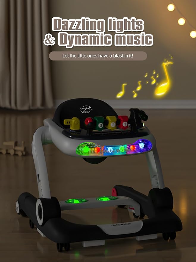 Music and Lights Baby Walker with Wheels, 6 in 1 Baby Activity Center w/Ergonomic backrest Design, Baby Walkers for Boys w/Foot Pads, Music Bouncer Walkers for Boys Girls Babies 6-18 Months, Black