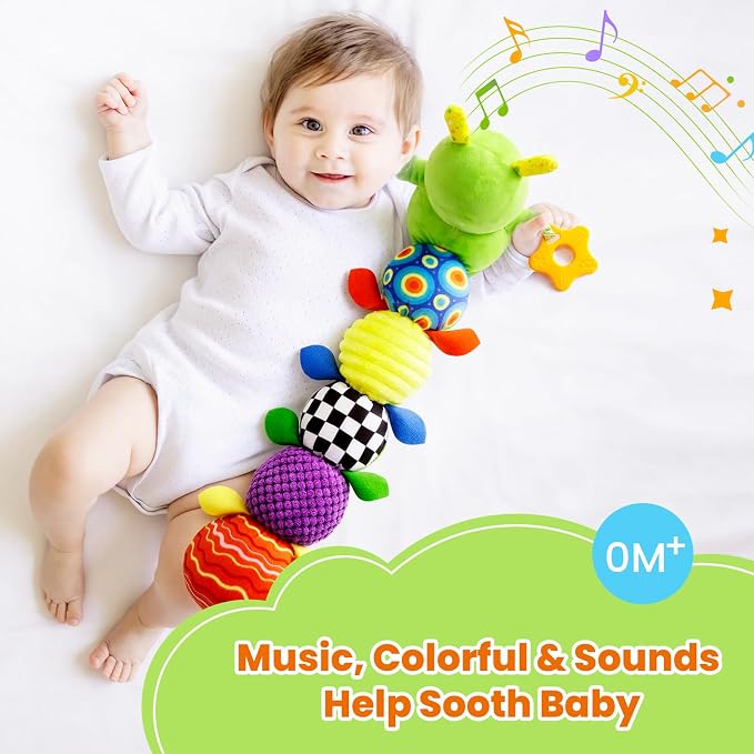 Baby Toys 0-6 Months, Washable Baby Musical Caterpillar Toys with 10 Children's Songs,Rattles,Teething Toys,Suitable for 0-6, 6-12 Months Infant Tummy Time Toy,Newborn Baby Boy&Gril Gifts(SoftGreen)