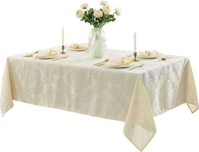 Newbridge Barcelona Luxury Damask Fabric Tablecloth, 70” Extra Wide x 108” Rectangle, Antique White, 100% Polyester, No Iron, Soil Resistant Dining Room, Party and Banquet Table Cover