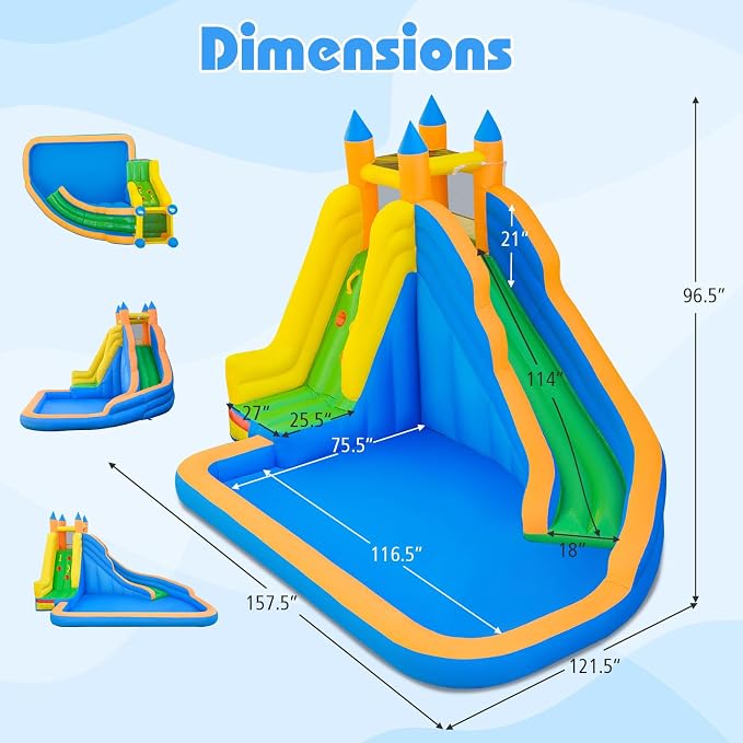 Costzon Inflatable Water Slide, Giant Bouncy Waterslide Park for Kids Backyard Outdoor Fun w/ 680w Blower, Climbing Wall, Splash Pool, 2-pcs, Blow up Water Slides Inflatables for Kids Party Gift