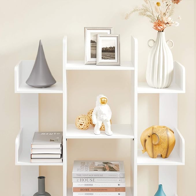 VASAGLE Bookshelf, Tree-Shaped Bookcase with 13 Storage Shelves, Rounded Corners, 9.8”D x 33.9”W x 55.1”H, White ULBC067W01