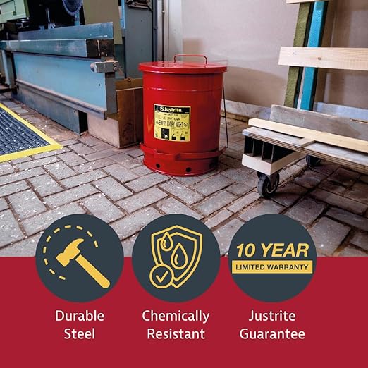 Justrite 14 Gallon Galvanized Steel Oily Waste Can, 20" x 16" Metal Oil Rag Safety Can with Foot Operated Self-Closing Lid for Oil Rag Disposal, Made in The USA, Red, 09500