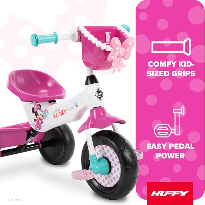 Huffy Disney Minnie Mouse Girl's Trike, Ideal for Ages 3+, Minnie Mouse Graphics, Pink Handlebar Bow Basket, Storage Bins for Snacks or Toys, Sturdy and Durable, Safe for Toddlers