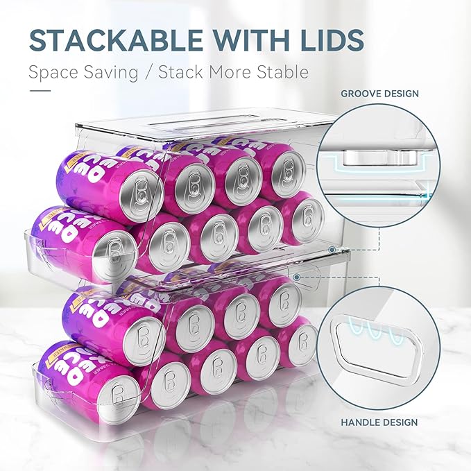 Soda Can Dispenser for Refrigerator with Lids, Stackable Drink Organizer for Fridge, Clear Plastic Refrigerator Organizer Bins, Beverage Can Holders for Pantry, Freezer, Kitchen, Cabinets Set of 2