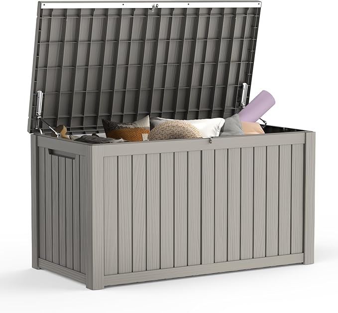 Mars Villa 180 Gallon Outdoor Storage Box, Large Waterproof Resin Deck Box for Patio Furniture Cushions, Pool Supplies, Gardening Tools, Lockable, Weatherproof and UV Resistant, Greige