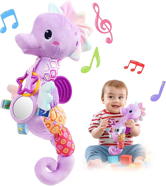LIGHTDESIRE Baby Toys Sensory Musical Seahorse Soft Plush Stuffed Animals | Infant Toys with Teething Crinkle & Rattles for Newborn 0-3-6-12 Months Tummy Time Toys for Boys Girls Birthday Shower Gifts