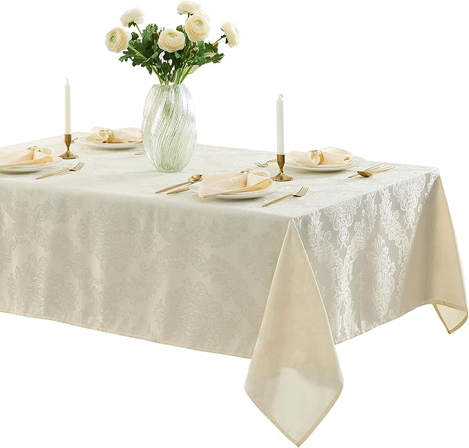 Newbridge Barcelona Luxury Damask Fabric Tablecloth, 70” Extra Wide x 90” Rectangle, Antique White, 100% Polyester, No Iron, Soil Resistant Dining Room, Party and Banquet Table Cover