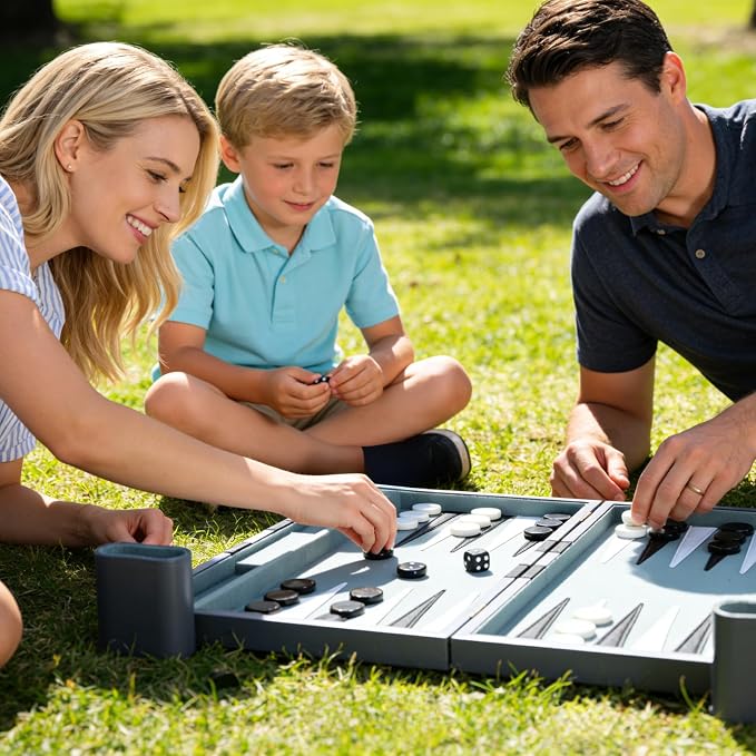 Backgammon Set - Classic Board Game with Premium PU Leather Case - Portable Travel Strategy Backgammon Game Set for Adults, Kids Family Game Night, Vacation & Gifts (15inch Medium, Gray)