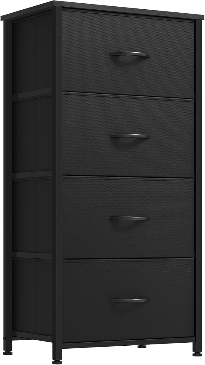 DWVO Storage Tower with 4 Drawers - Fabric Dresser, Organizer Unit, Living Room, Closets - Sturdy Steel Frame, Easy Pull Fabric Bins & Wooden Top