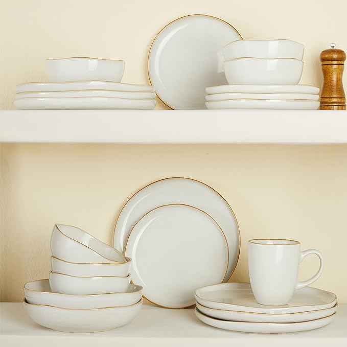 18 Piece White Reactive Glaze Dinnerware Set for 6, Irregular Coastal Shape Stoneware | Elegant & Minimal Design for Daily Family Dinners or Weekend Guests