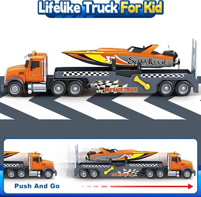 SpringFlower 3 4 5 6 Boy Toys, Extra Large Truck Toy with Sounds & Lights, 21" Semi Truck Toy Flatbed Transport Boat Vehicle，2 in 1 Kids Boy Toddlers Age 3 4 5 6 7 Birthday Gifts