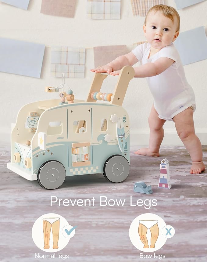 ROBOTIME Wooden Baby Walker, Baby Push Walker, Baby Activity Center Toys, Ajustable Speed Multi-Functional Baby Walker with Wheels for Boys and Girls(Vacation Bus)