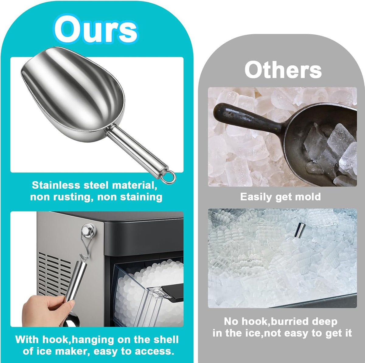 Stainless Steel Ice Scoop for Freezer with Magnetic Hook - Ice Scoop for GE Profile Opal 2.0 Nugget Ice Maker, for Kitchen Bar Party Accessories (Large)