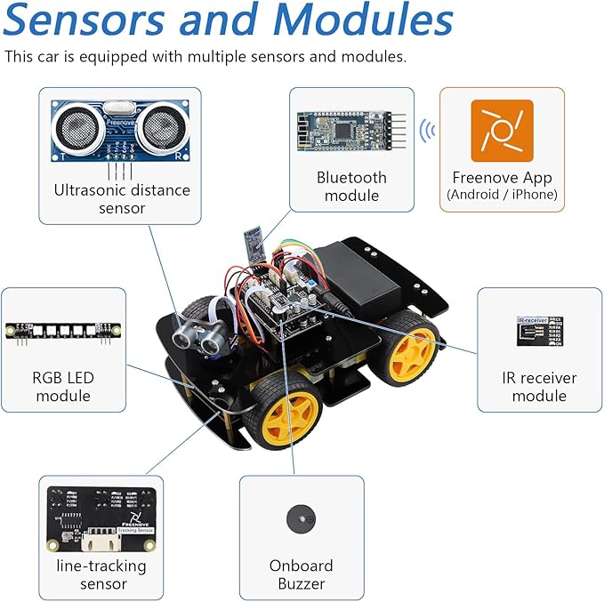 Freenove 4WD Car Kit (Compatible with Arduino IDE), Line Tracking, Obstacle Avoidance, Wireless Control App, Ultrasonic Sensor Motor Servo