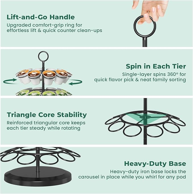 EsLuker.ly K Cup Holder Coffee Pod Organizer Carousel for Counter, Metal Storage Rack Stand for Kitchen, Rotatable 4 Tier Pod Tower Tree for 40 K Cups, Space Saving Meets Elegance, Black