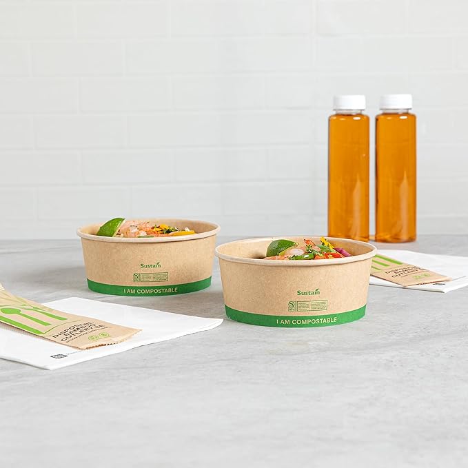 Restaurantware Paper Food Containers 50 Pack Of 25 oz Disposable Round Kraft Salad Bowls BPI-Certified Compostable Stackable Greaseproof Meal Prep Take Out Containers For Soups, Snacks And Desserts